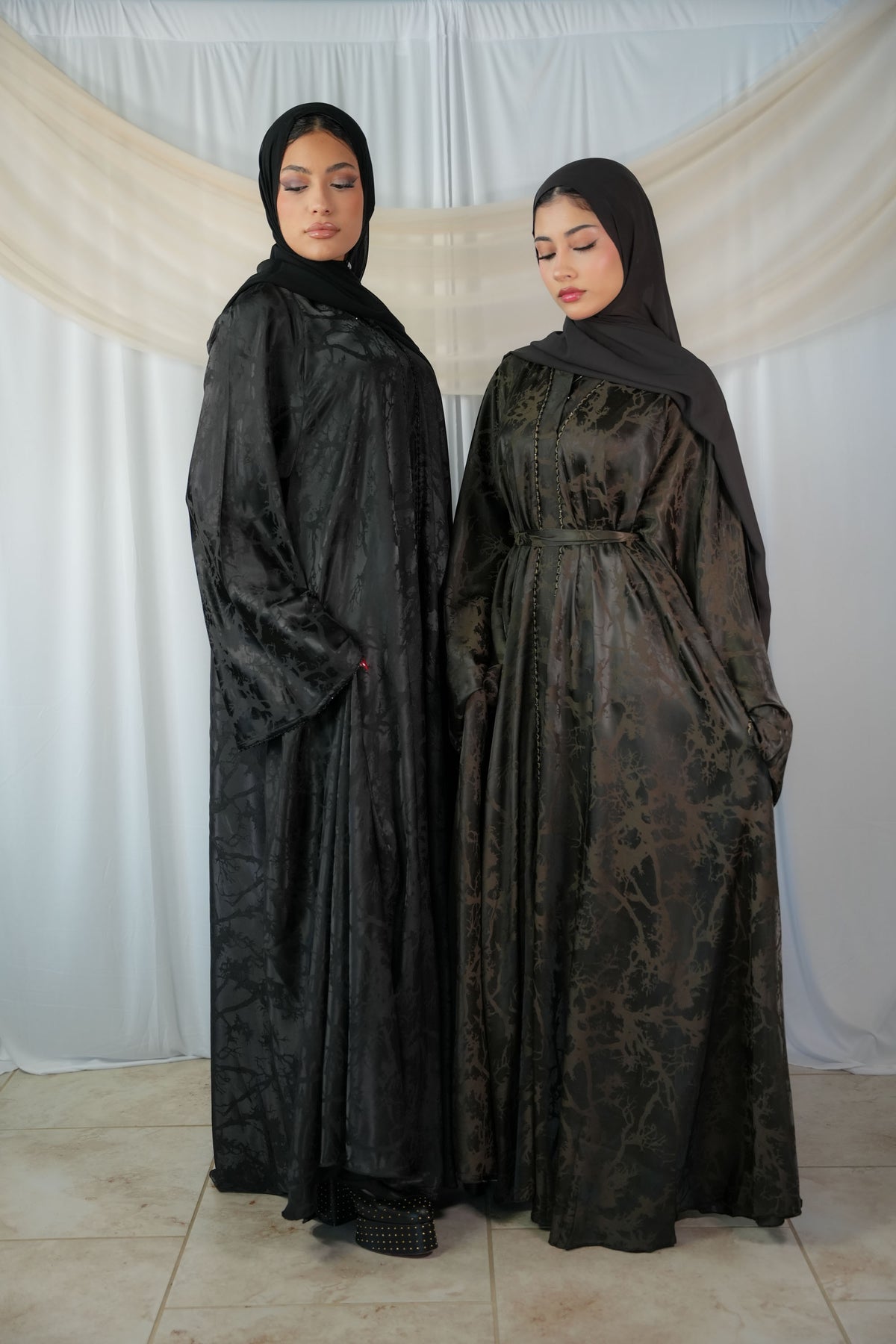Almas printed silk abaya with abstract branch pattern