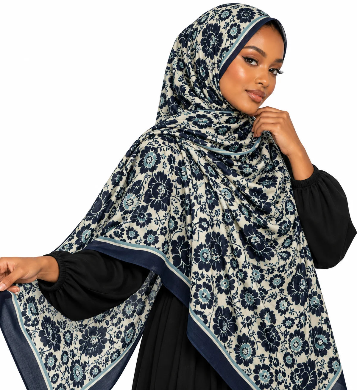 Traditional blue floral modal scarf with an ornate medallion print