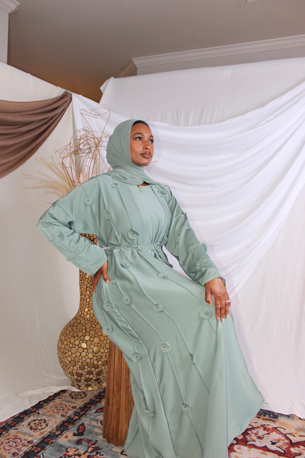 Bushra flowing outer coat with delicate floral handwork