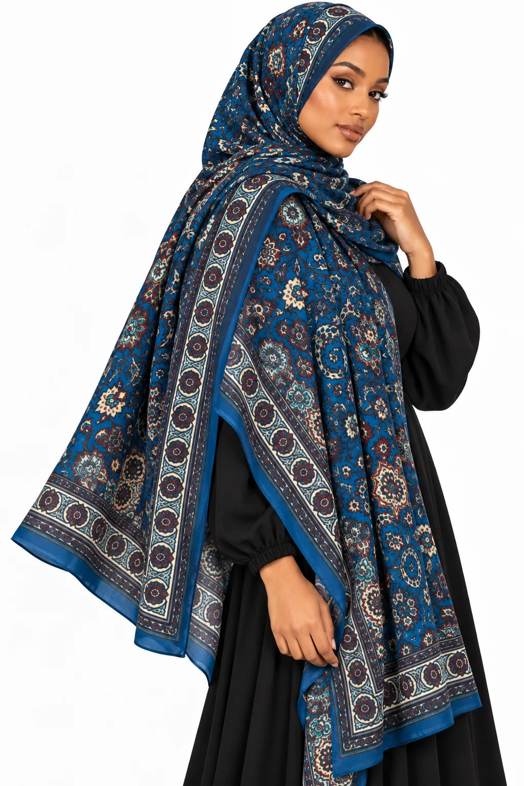 Printed Modal Hijab in Navy Blue Botanical Floral | Elegant Everyday Headscarf