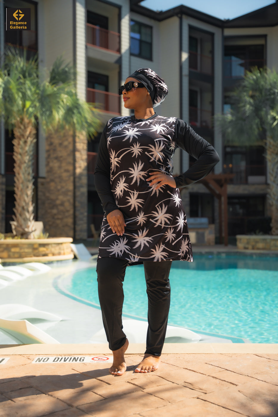 Black & White Palm Swim Outfit – Tropical Elegance Meets Modest Style