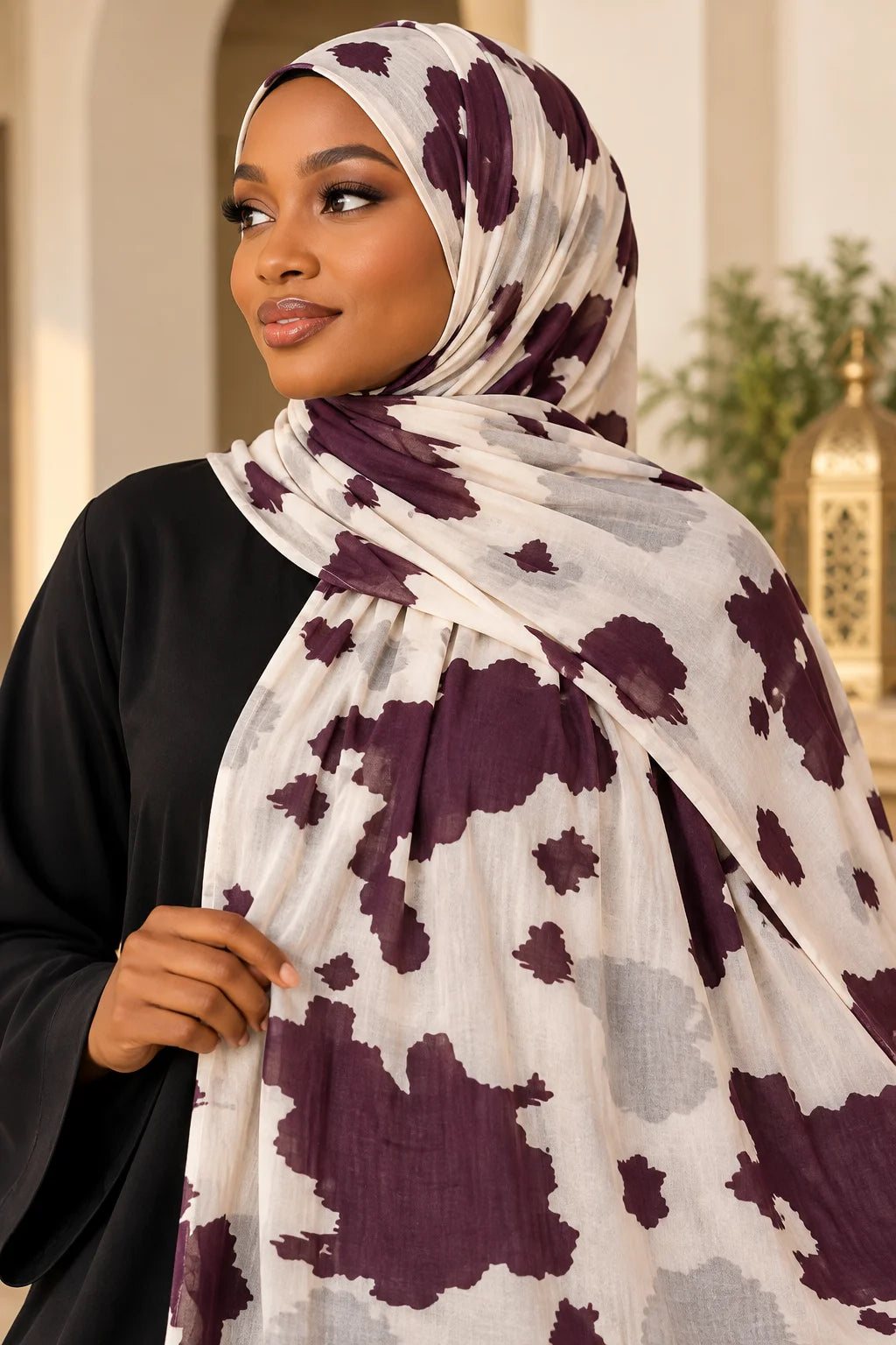 Printed Modal Hijab in Burgundy & Cream Organic Abstract Print | Lightweight Everyday Headscarf