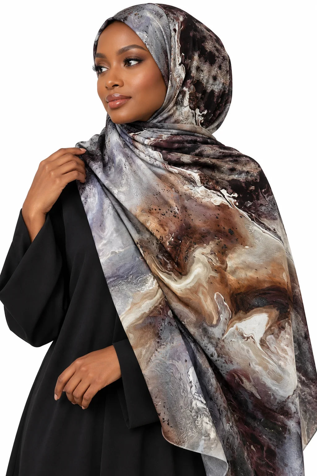 Printed Modal Hijab with Luxury Brown Marbled Art Design | Liquid Art Headscarf