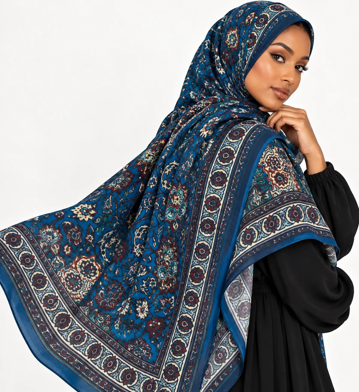 Navy blue botanical floral printed modal hijab