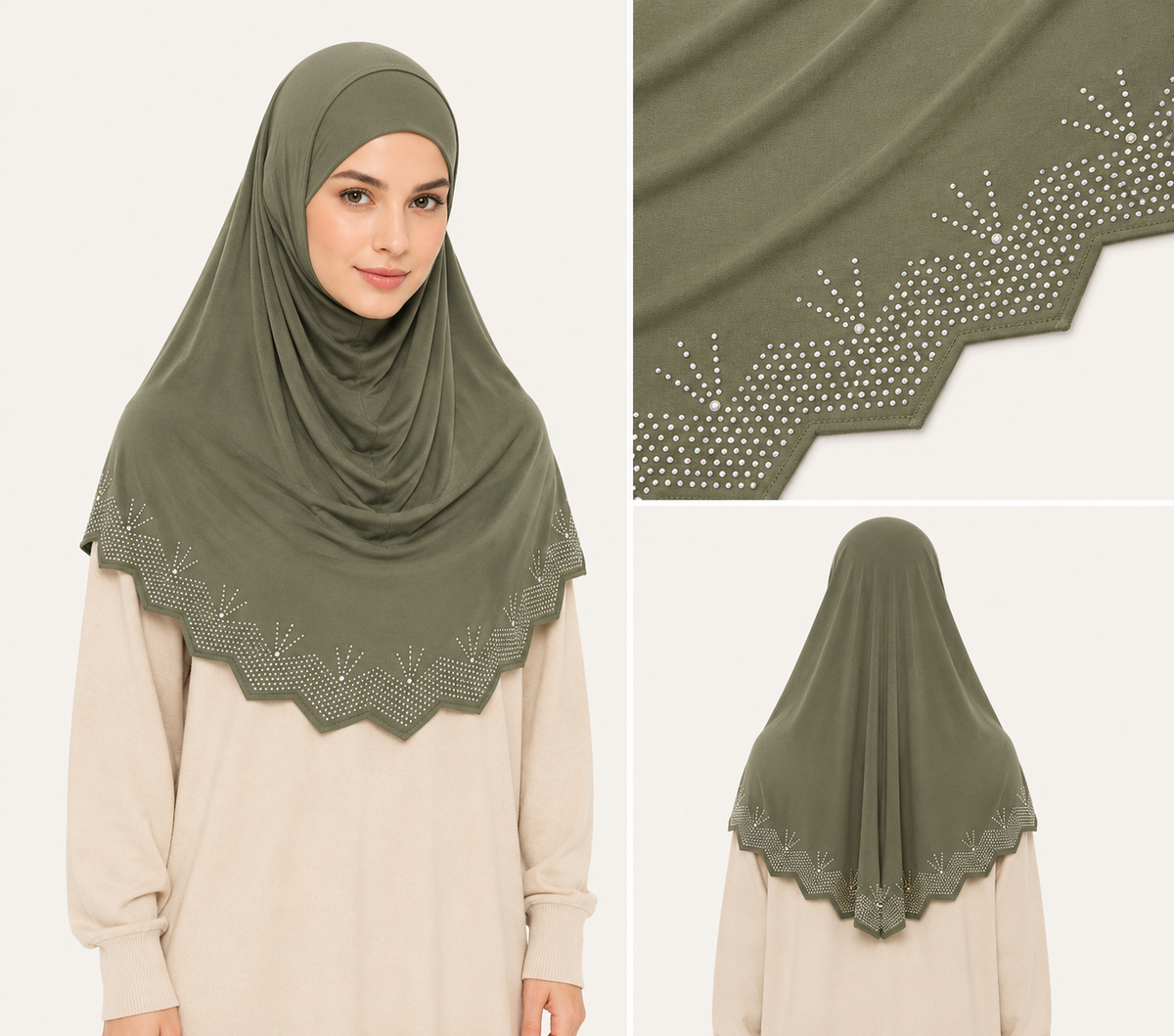 One piece Lycra hijab with a stone embellished scalloped border