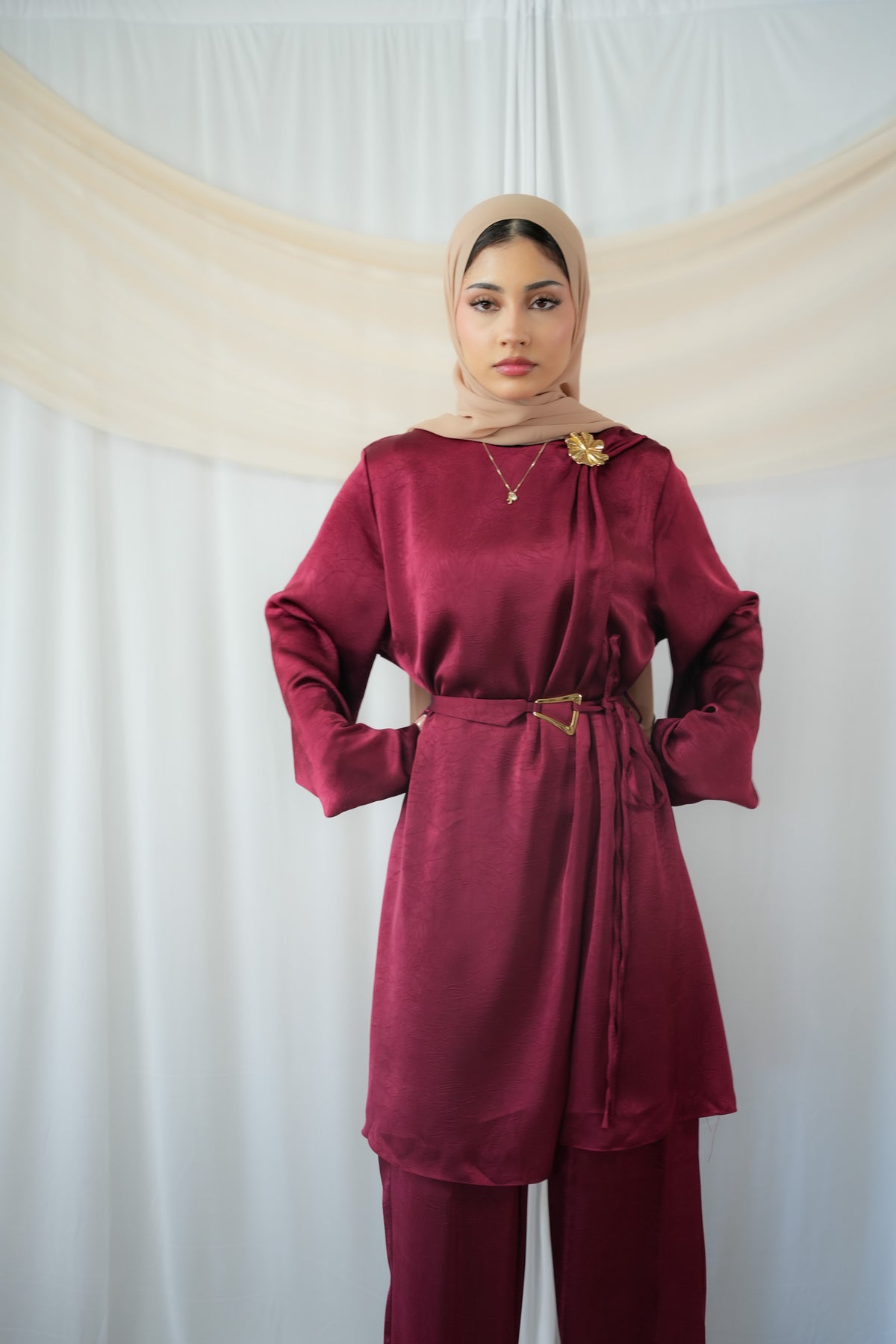 Shareefa luxury 3-piece crinkle satin tunic set pink