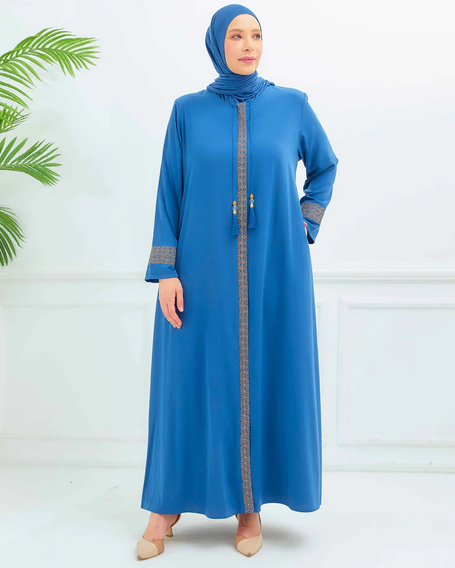 Zeenat abaya highlighting its center zipper and embroidered front