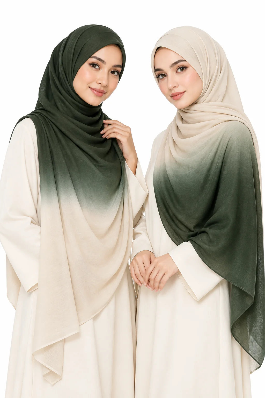 Ombre Modal Hijab in Forest Green & Soft Beige | Two-Tone Gradient Headscarf
