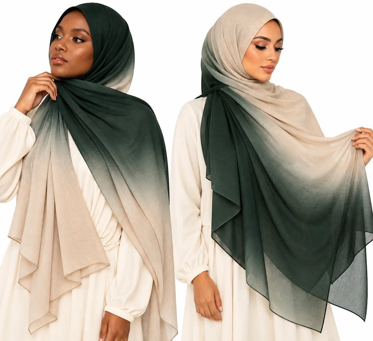 Ombre Modal Hijab in Forest Green & Soft Beige | Two-Tone Gradient Headscarf