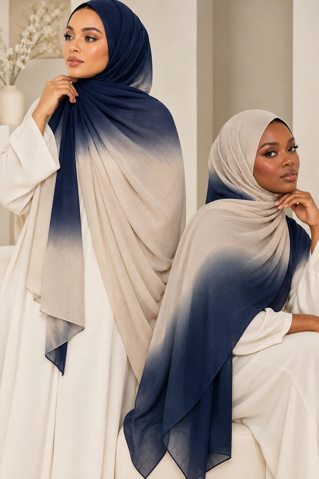 Ombre Modal Hijab in Classic Navy Blue & Soft Cream | Gradient Headscarf