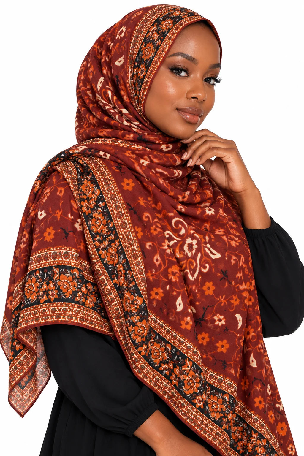 Printed Modal Hijab Duo featuring Ornate Red & Navy Boho Medallion Border Prints