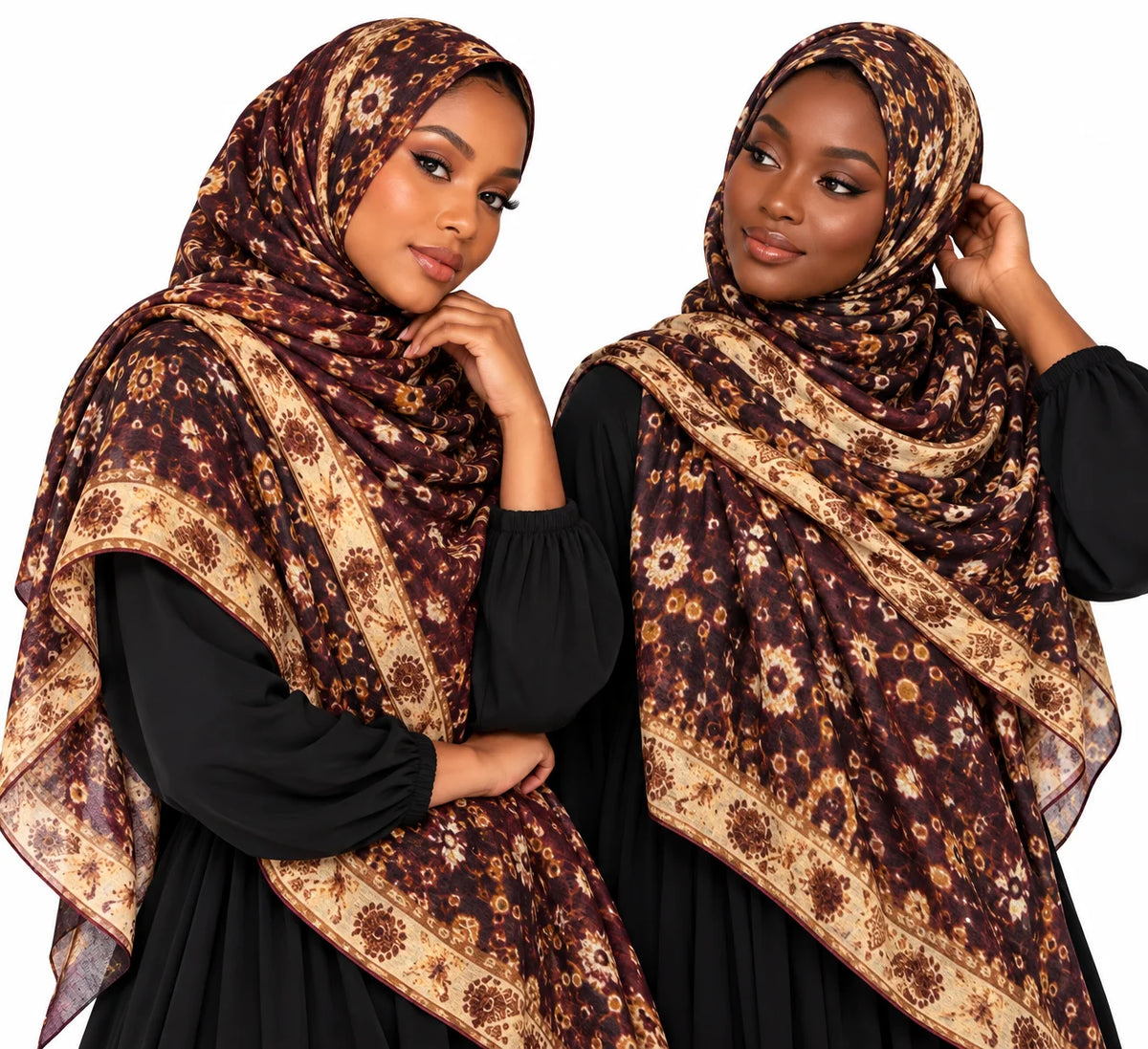 Vintage burgundy and gold floral printed modal hijab