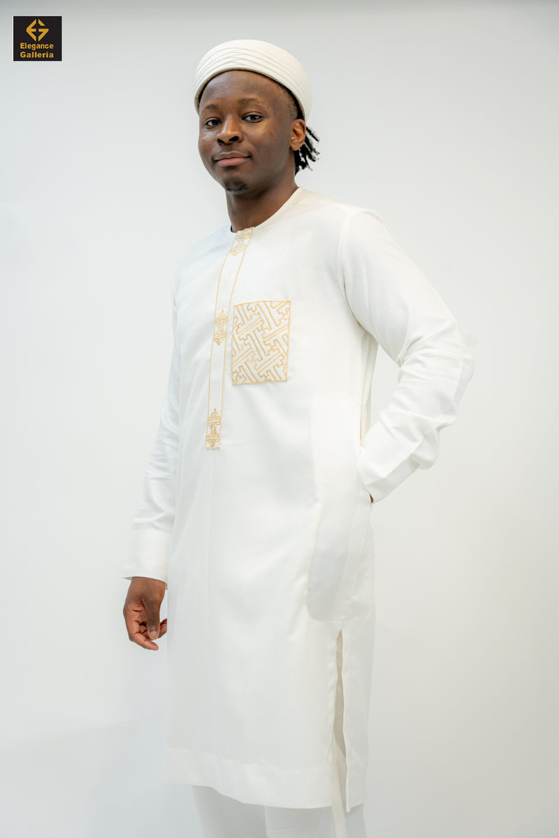 Elegant Men's Two-Piece Embroidered Outfit – African Traditional Wear, Premium Kaftan Set for Special Occasions White W/ Grey / L