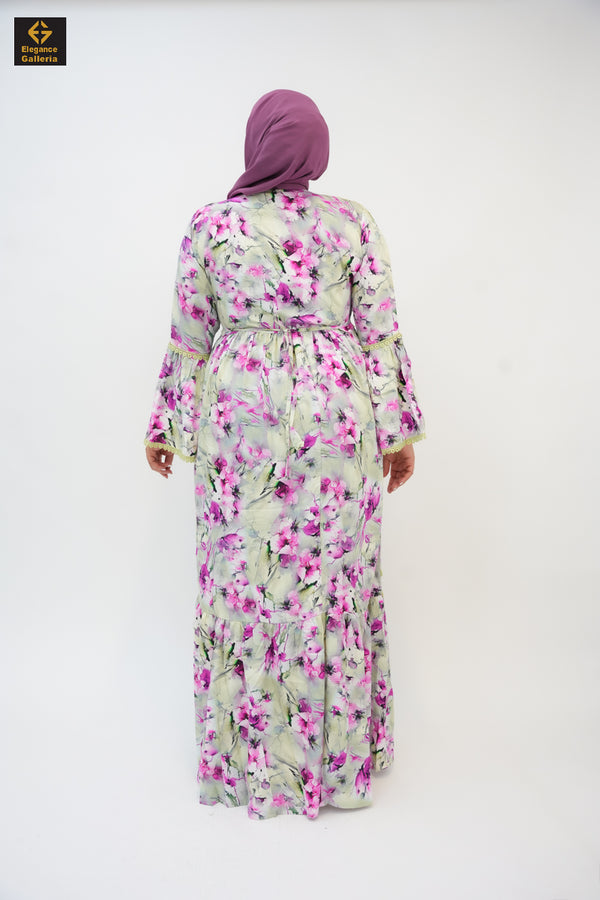 Cotton Floral  Dress | Lightweight Summer Abaya with Stoned Detail & Lace Trim | Bell Sleeve Elegant Dress