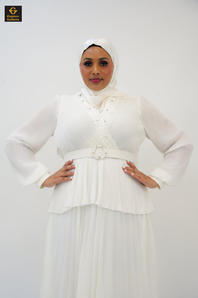 Dahlia White Dress – Floral Neck Detail with Two-Piece Illusion