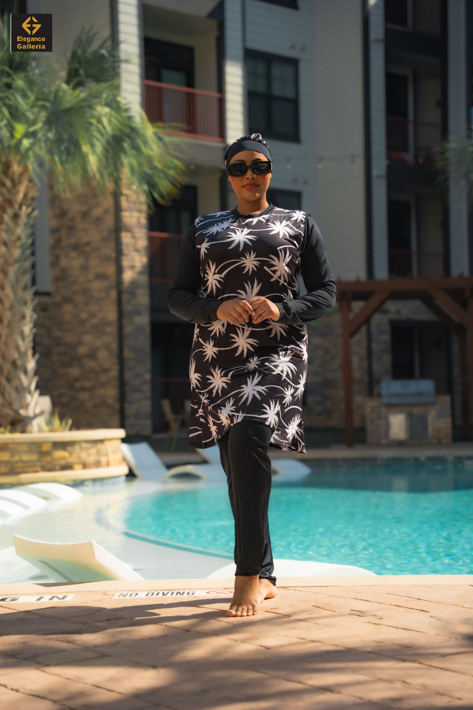 Black & White Palm Swim Outfit – Tropical Elegance Meets Modest Style