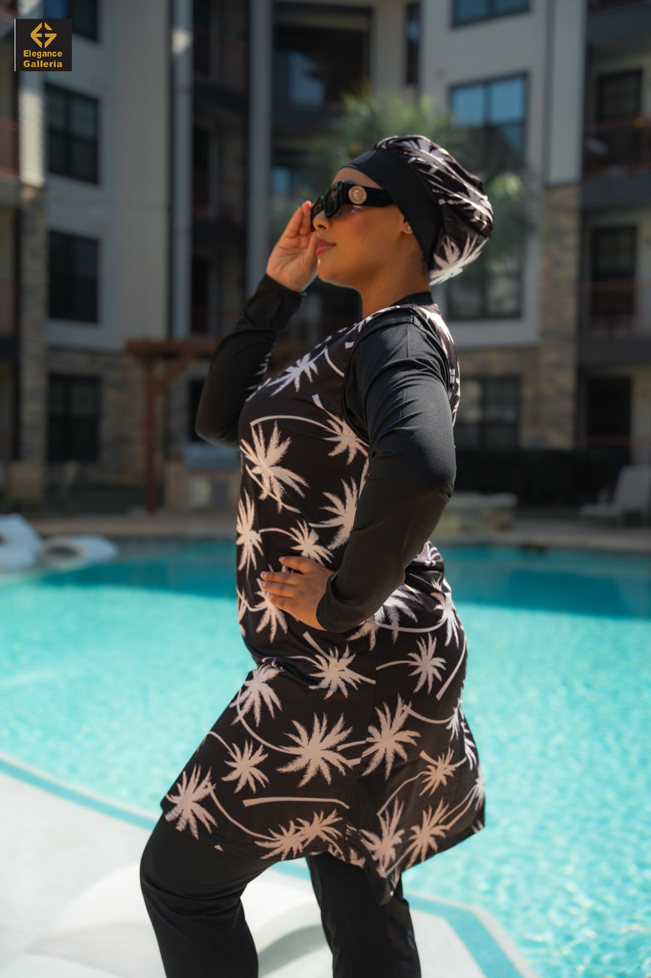 Black & White Palm Swim Outfit – Tropical Elegance Meets Modest Style