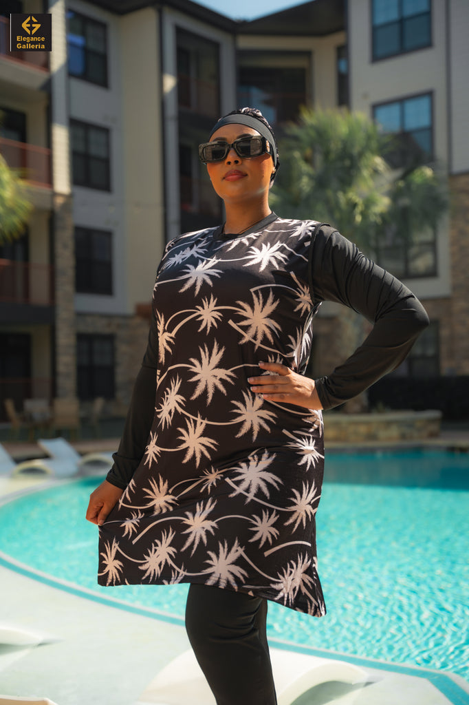 Black & White Palm Swim Outfit – Tropical Elegance Meets Modest Style