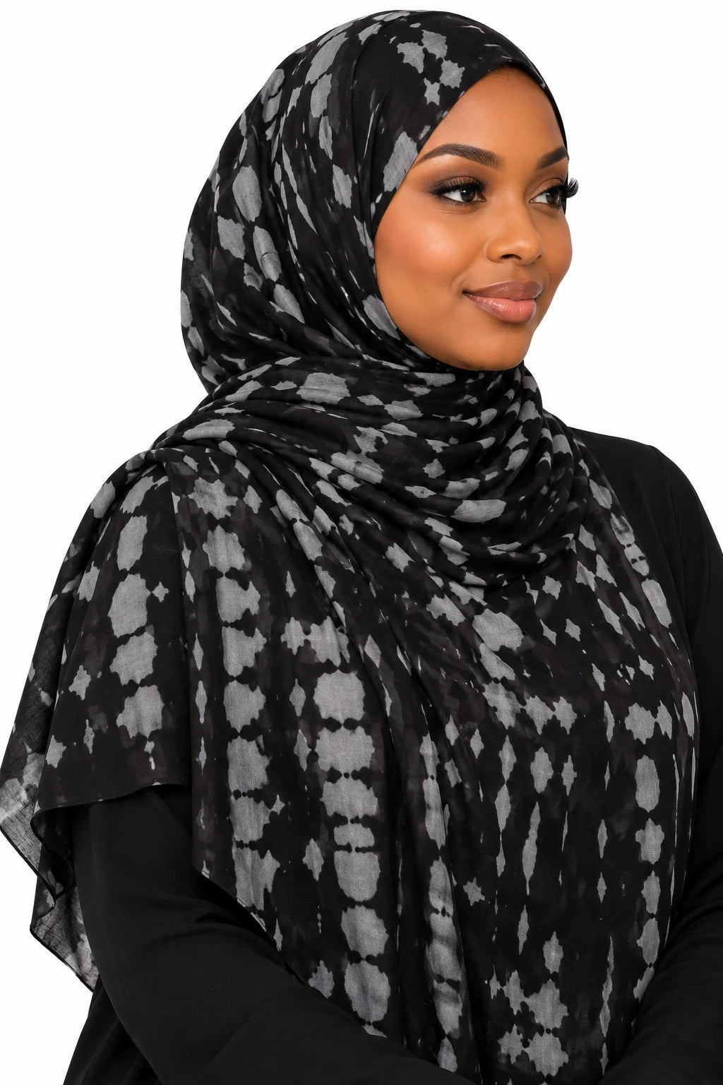 Printed Modal Hijab in Black & Grey Tie-Dye Abstract Print | Modern Headscarf
