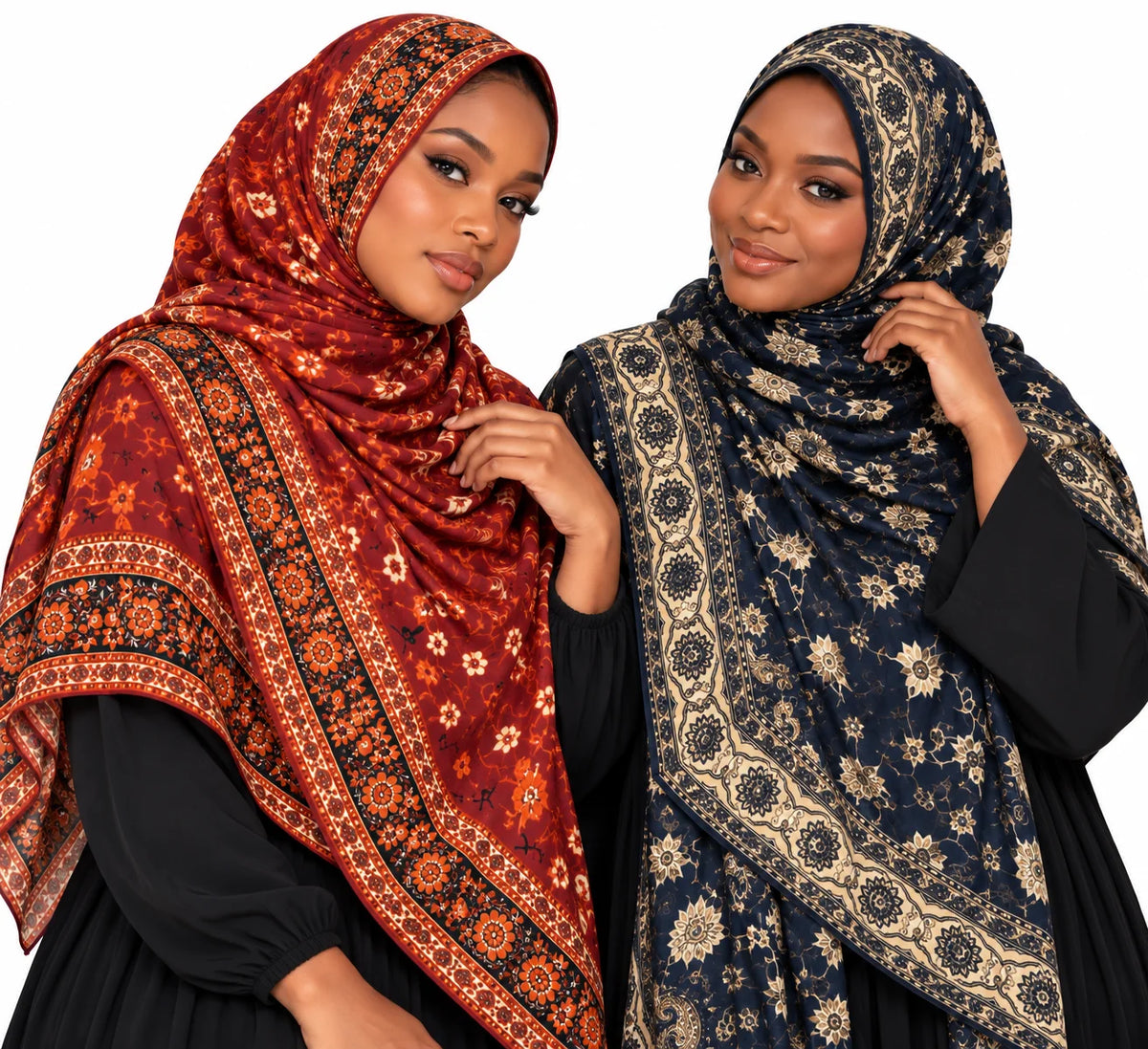 Printed Modal Hijab Duo featuring Ornate Red & Navy Boho Medallion Border Prints