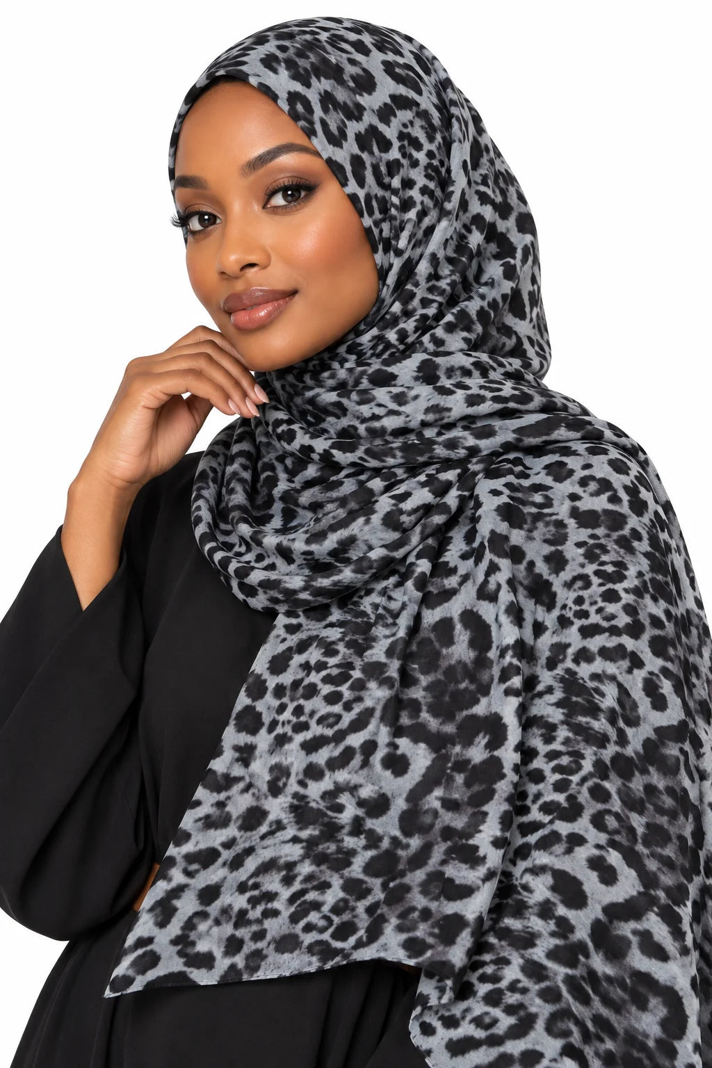 Printed Modal Hijab in Chic Grey Leopard Print | Modern Animal Print Headscarf