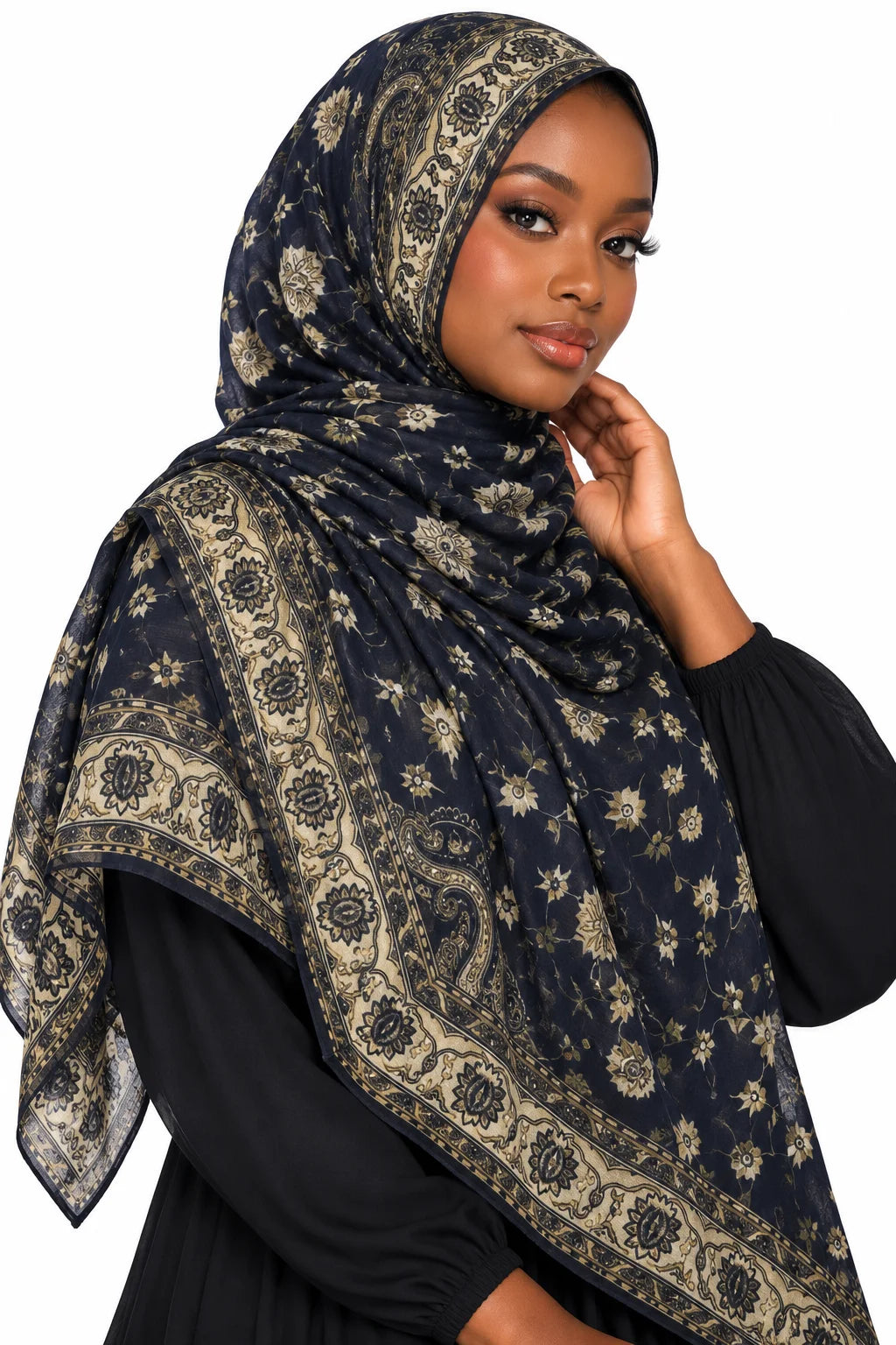 Printed Modal Hijab Duo featuring Ornate Red & Navy Boho Medallion Border Prints