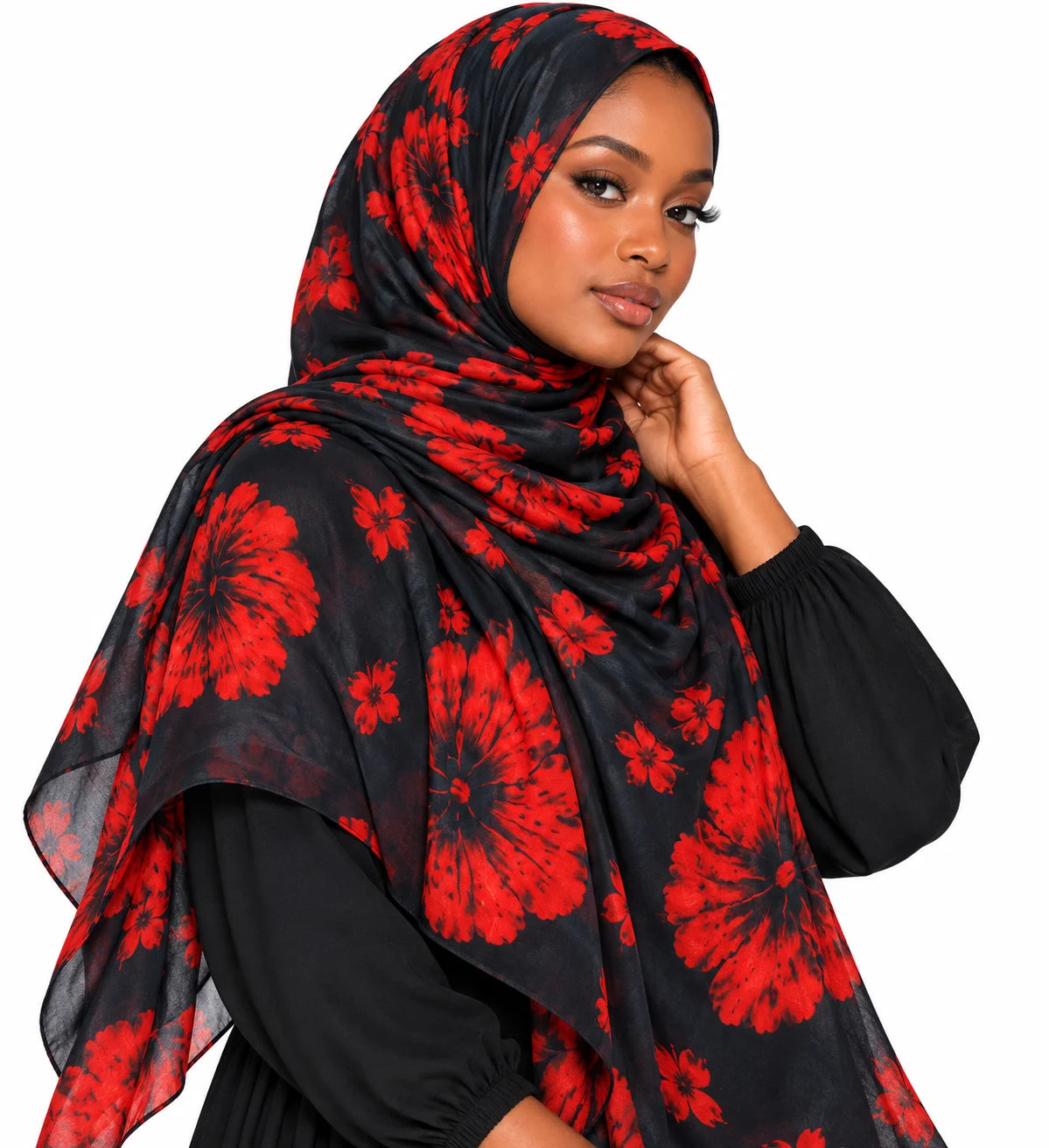 Printed Modal Hijab featuring Bold Red Floral Print | Black & Red Sakura Headscarf
