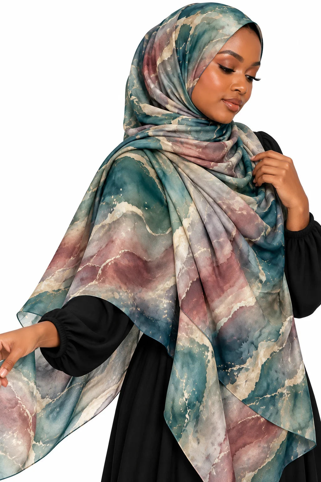 Printed Modal Hijab with Teal & Multitone Marbled Watercolor Design | Flowing Art Headscarf