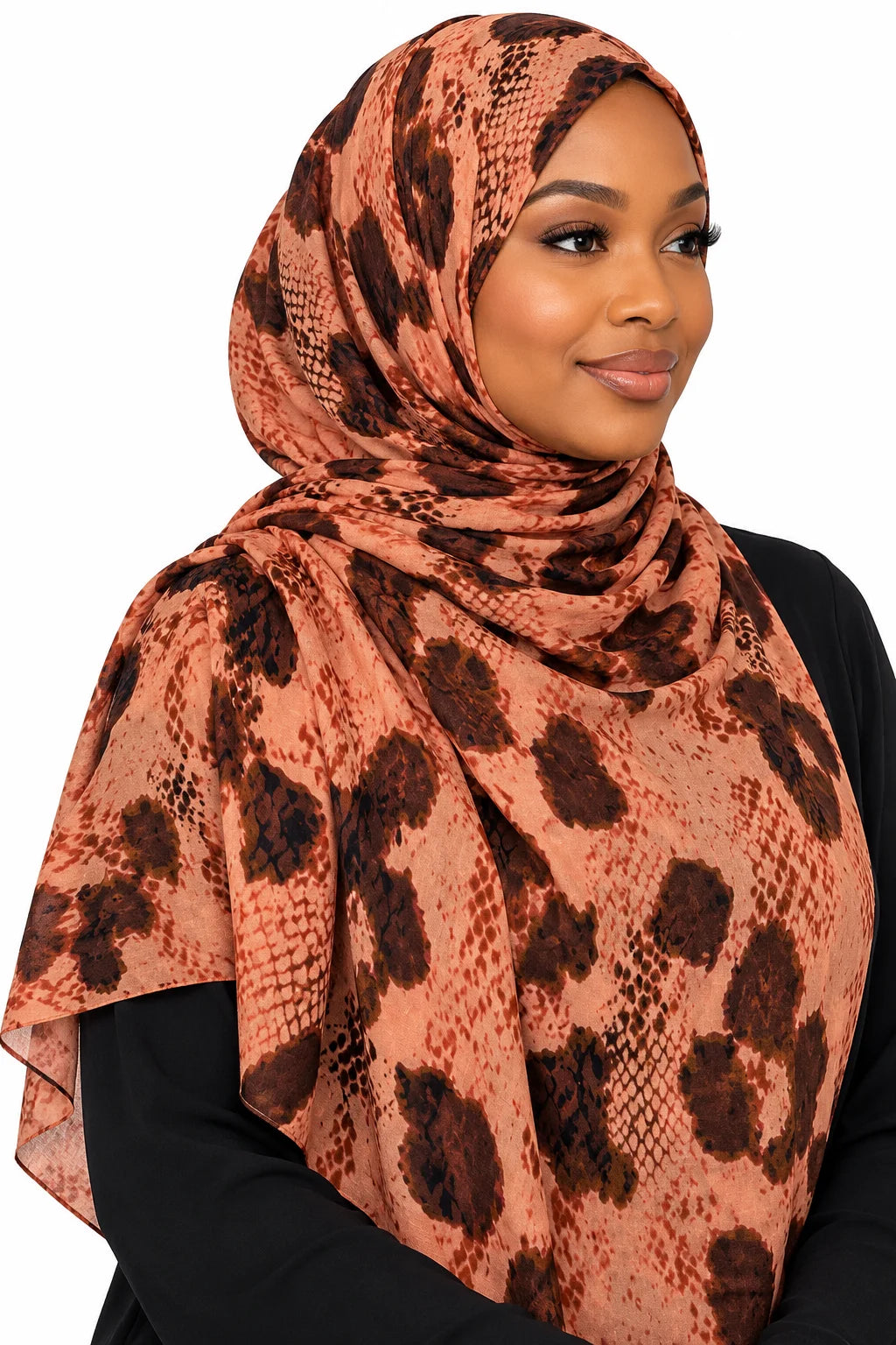 Printed Modal Hijab in Terracotta Snake & Animal Print | Warm Toned Designer Headscarf