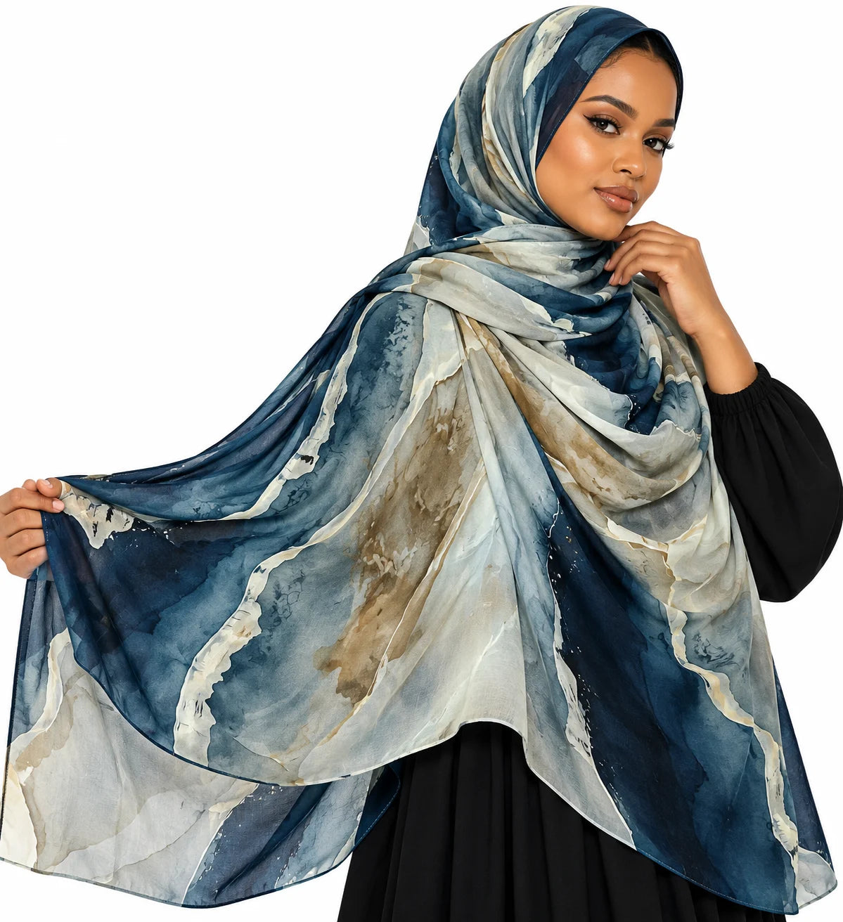 Ocean Blue Watercolor Abstract Hijab | Flowing Blue & Cream Designer Headscarf