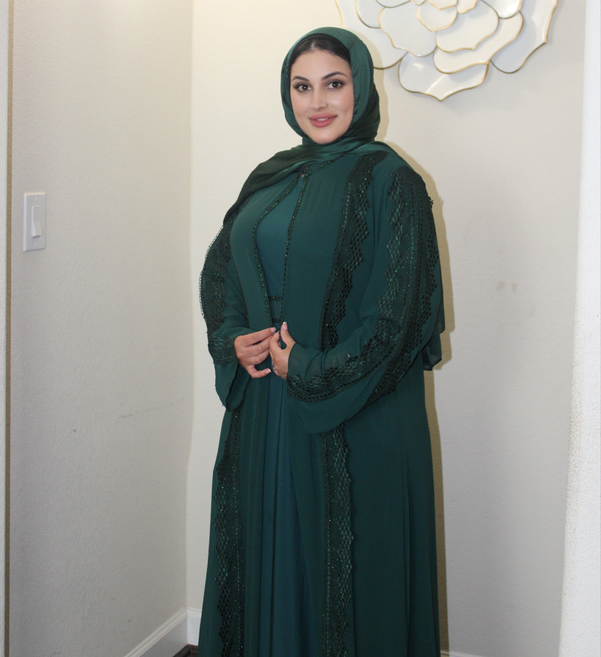 Kieran embroidered 3-piece abaya set green full front 