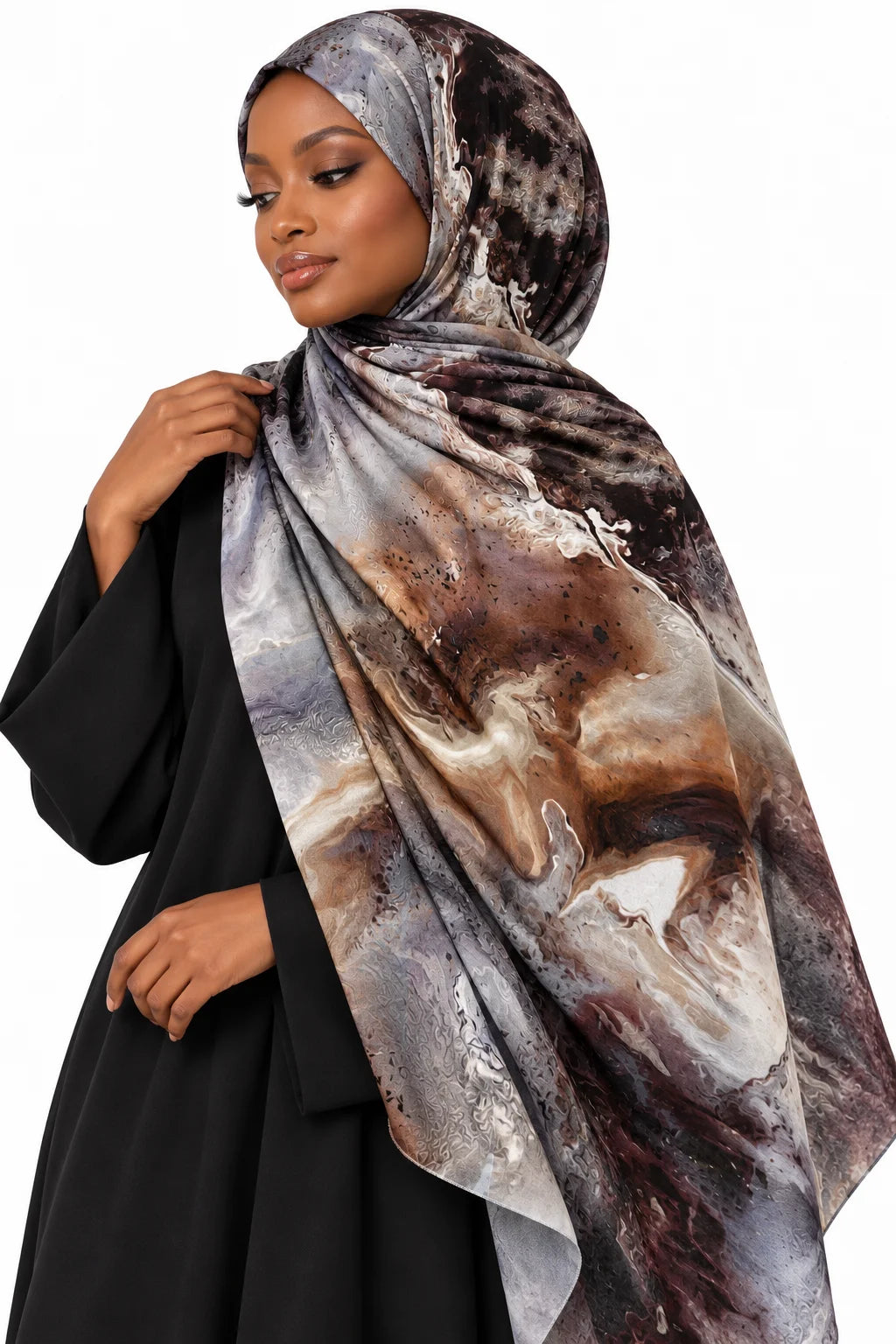 Luxury brown marbled art printed modal hijab