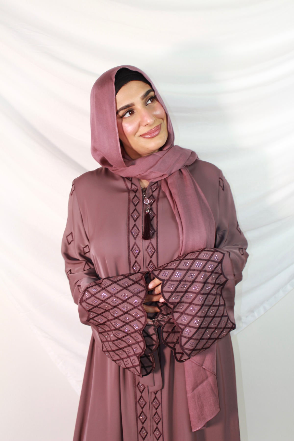 Delicate embroidery on the front of Mahnoor abaya