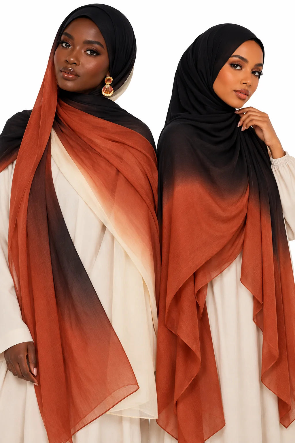 Ombre Modal Hijab in Black, Rust Orange & Cream
