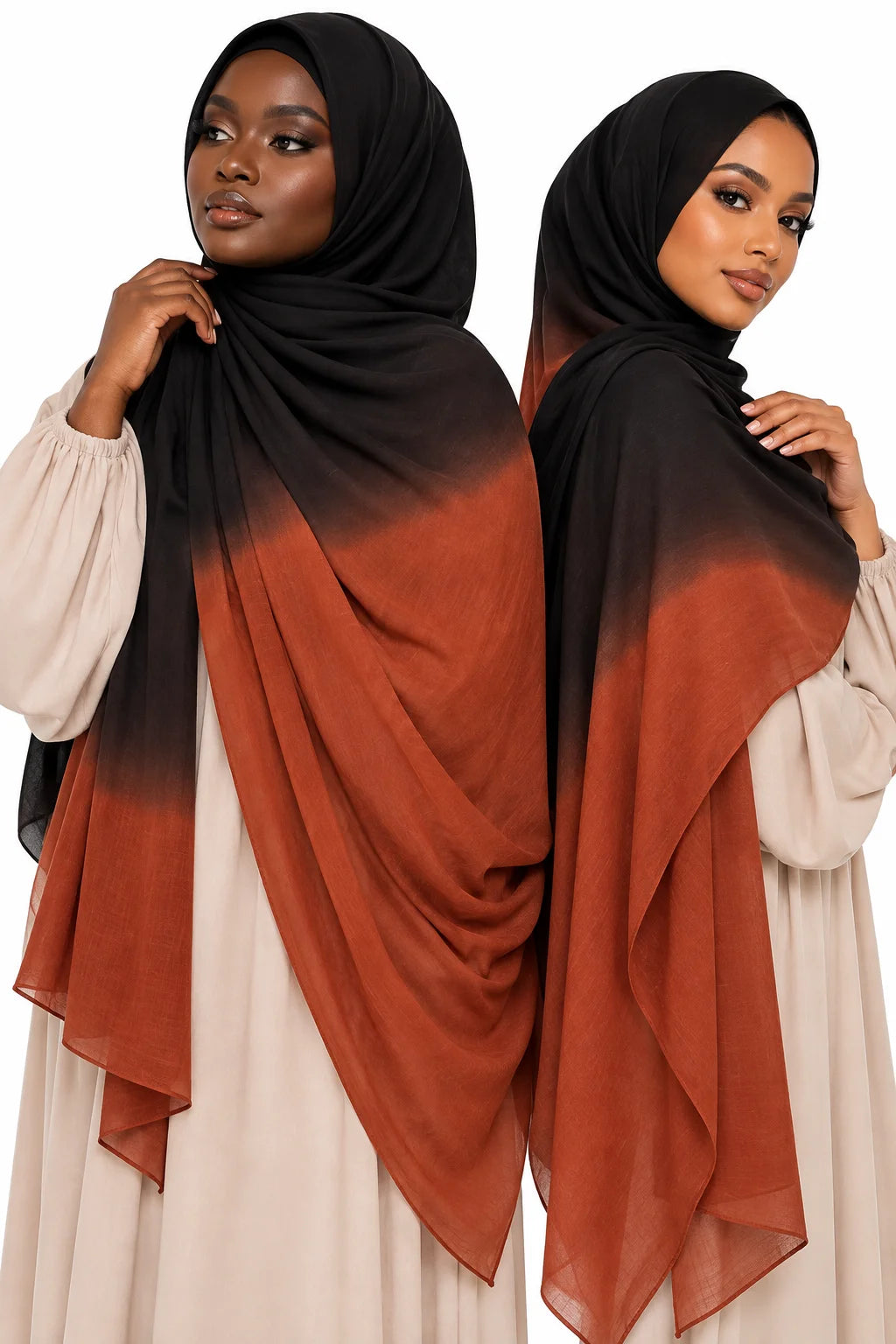 Ombre Modal Hijab in Black, Rust Orange & Cream