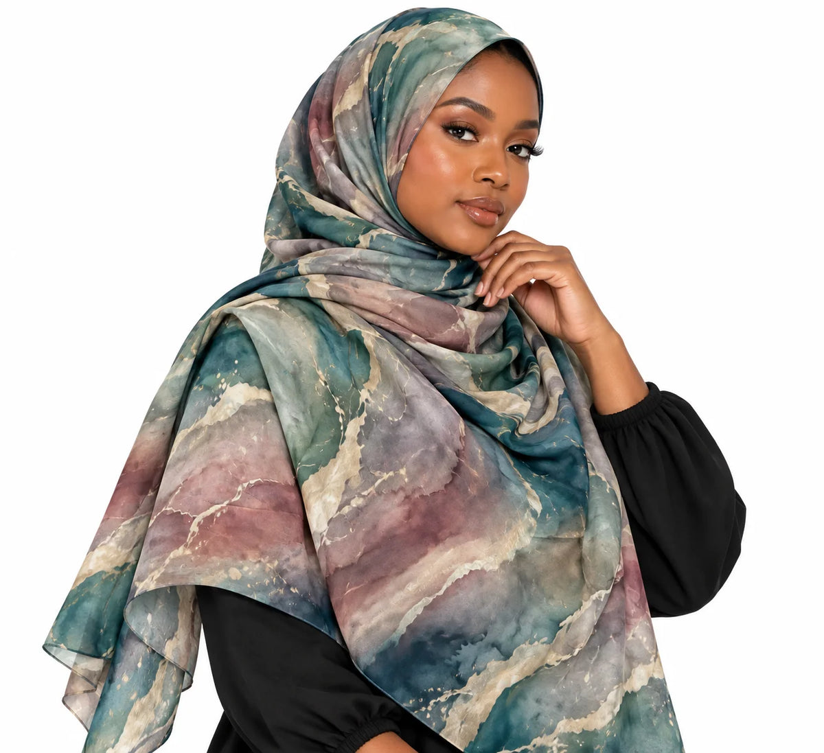 Printed modal scarf featuring a flowing teal watercolor art design
