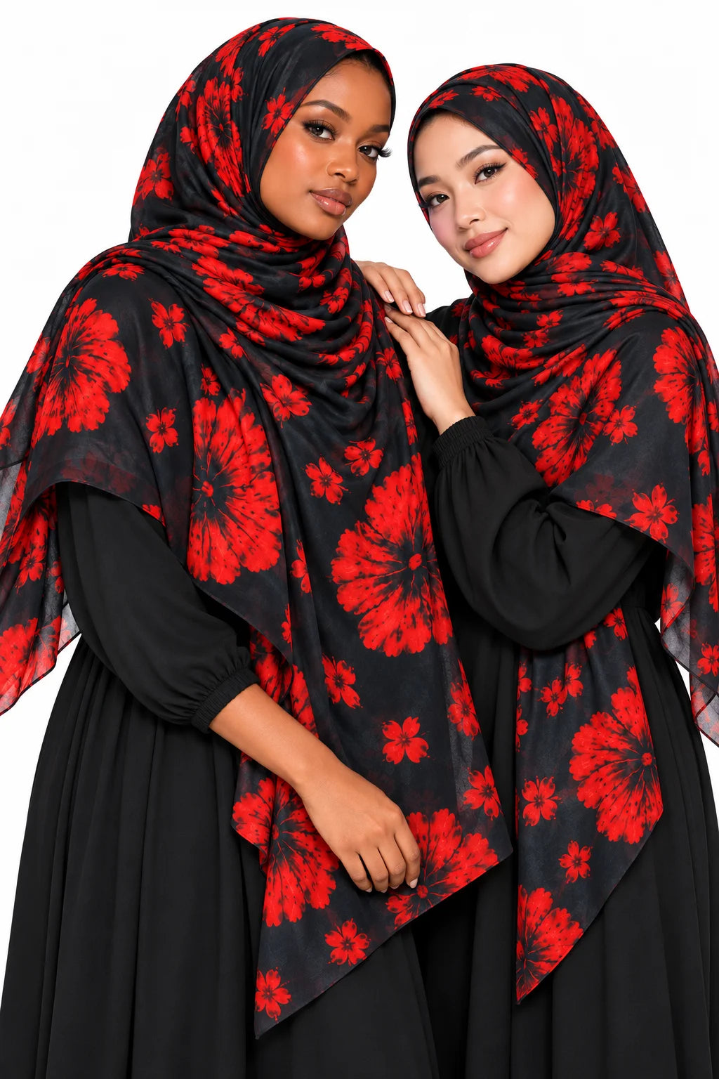 Printed Modal Hijab featuring Bold Red Floral Print | Black & Red Sakura Headscarf