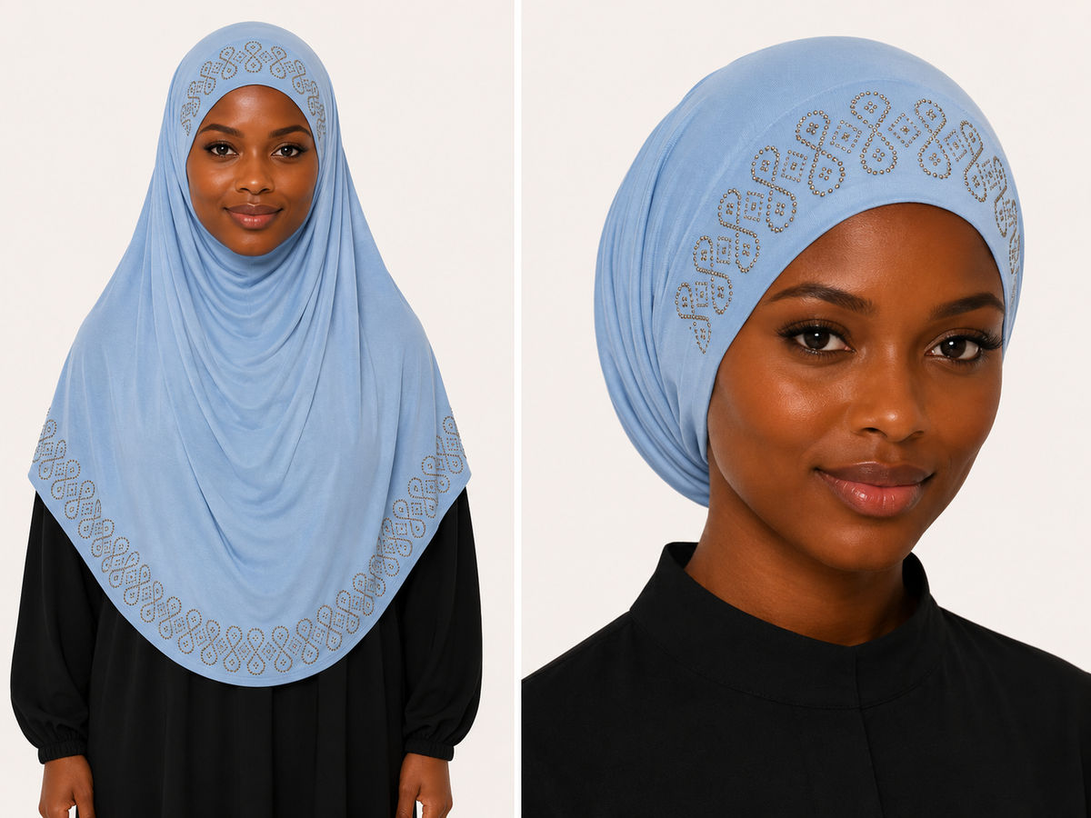 Two-piece fixed hijab with an elegant stone embellished design