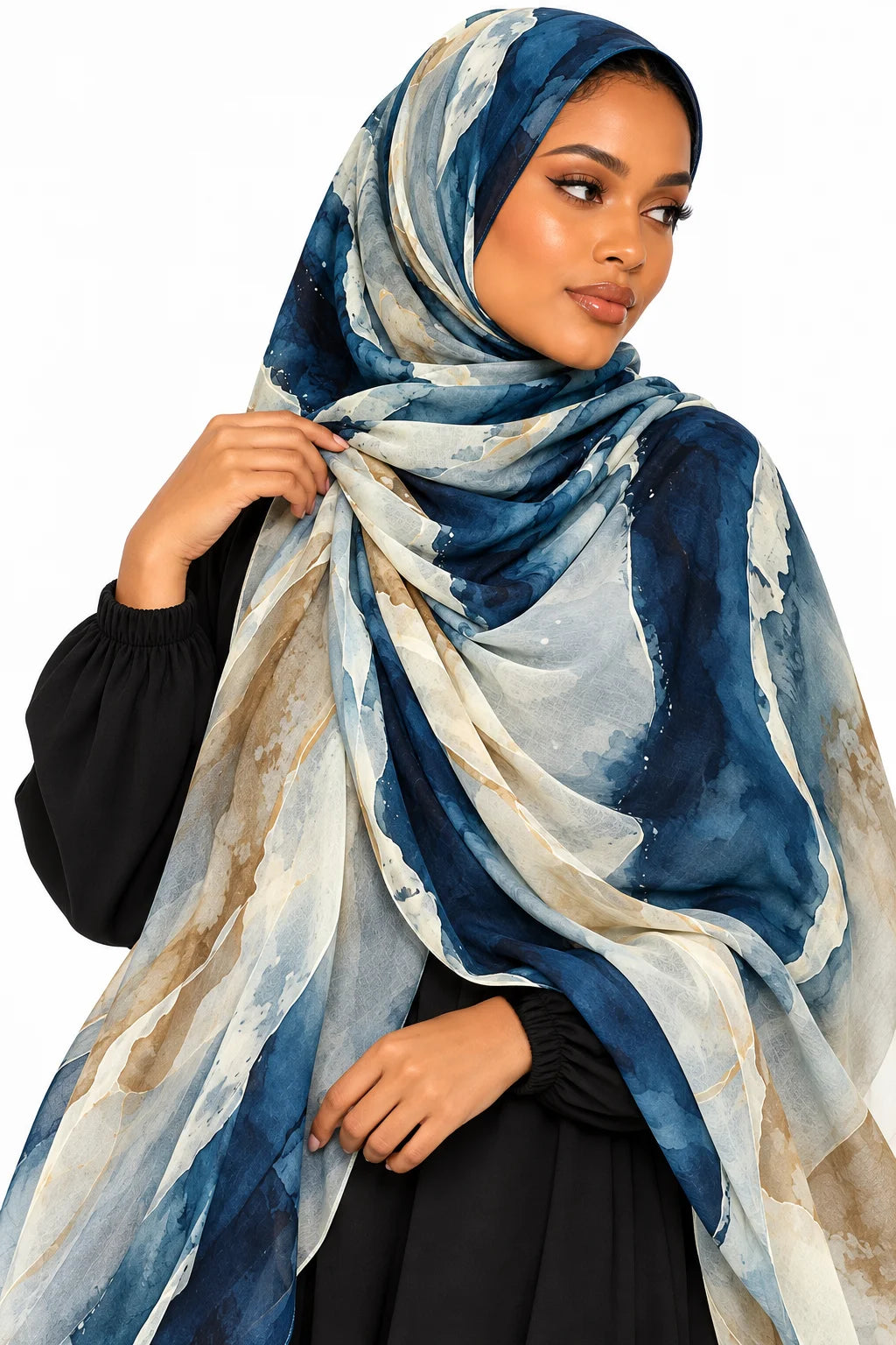 Ocean Blue Watercolor Abstract Hijab | Flowing Blue & Cream Designer Headscarf