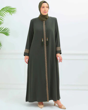 Zeenat modest abaya with decorative tassels at the neckline